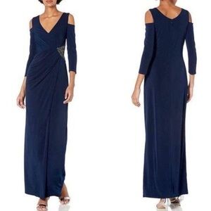 LAUNDRY BY SHELLI SEGAL INKBLOT BLUE FITTED SHEATH 3/4 SLEEVE BEADED GOWN DRESS